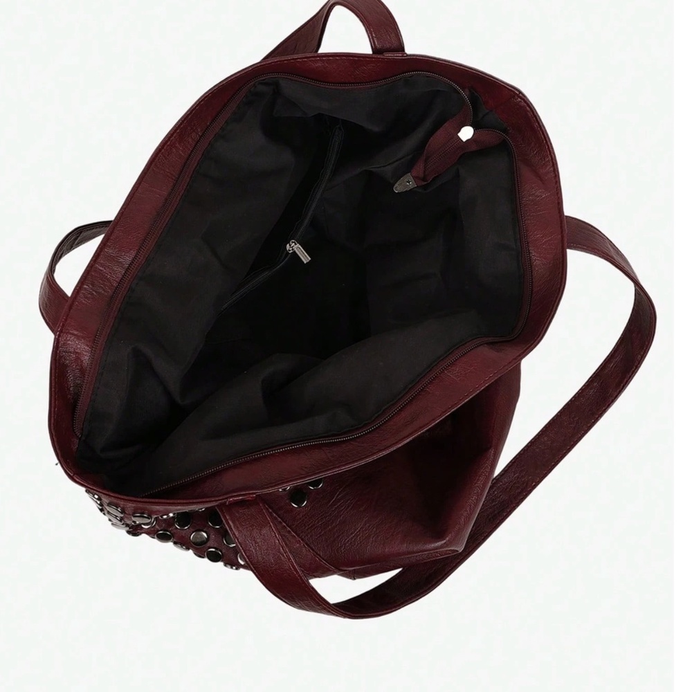 Burgundy Vegan Leather Studded Tote Bag - Picture 6 of 6